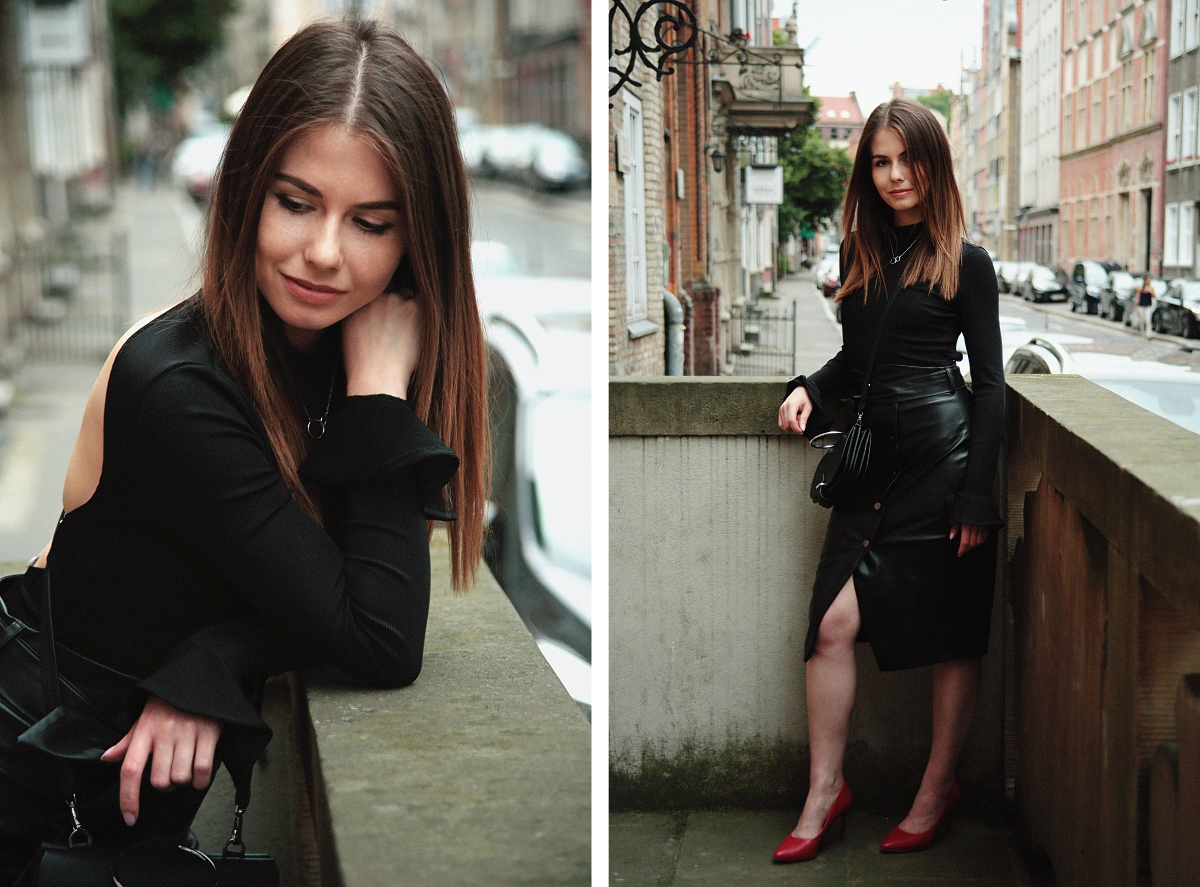 Kobieca stylizacja ze skórzaną spódnicą i czerwonymi szpilkami