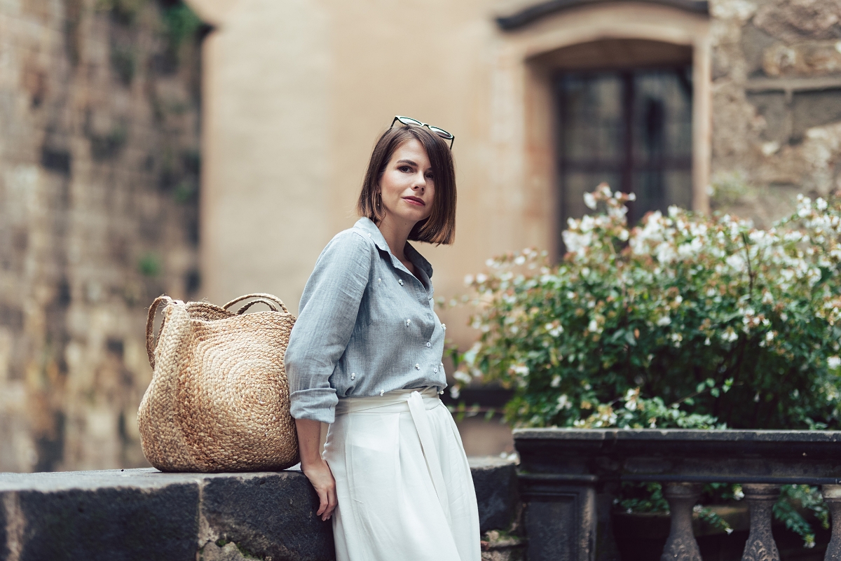 koszula z perełkami mules culotty Barcelona