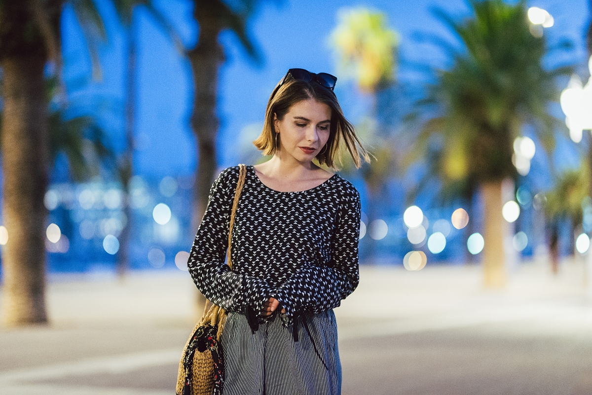 Culotty bluzka w trójkąty pleciona torebka koszyk