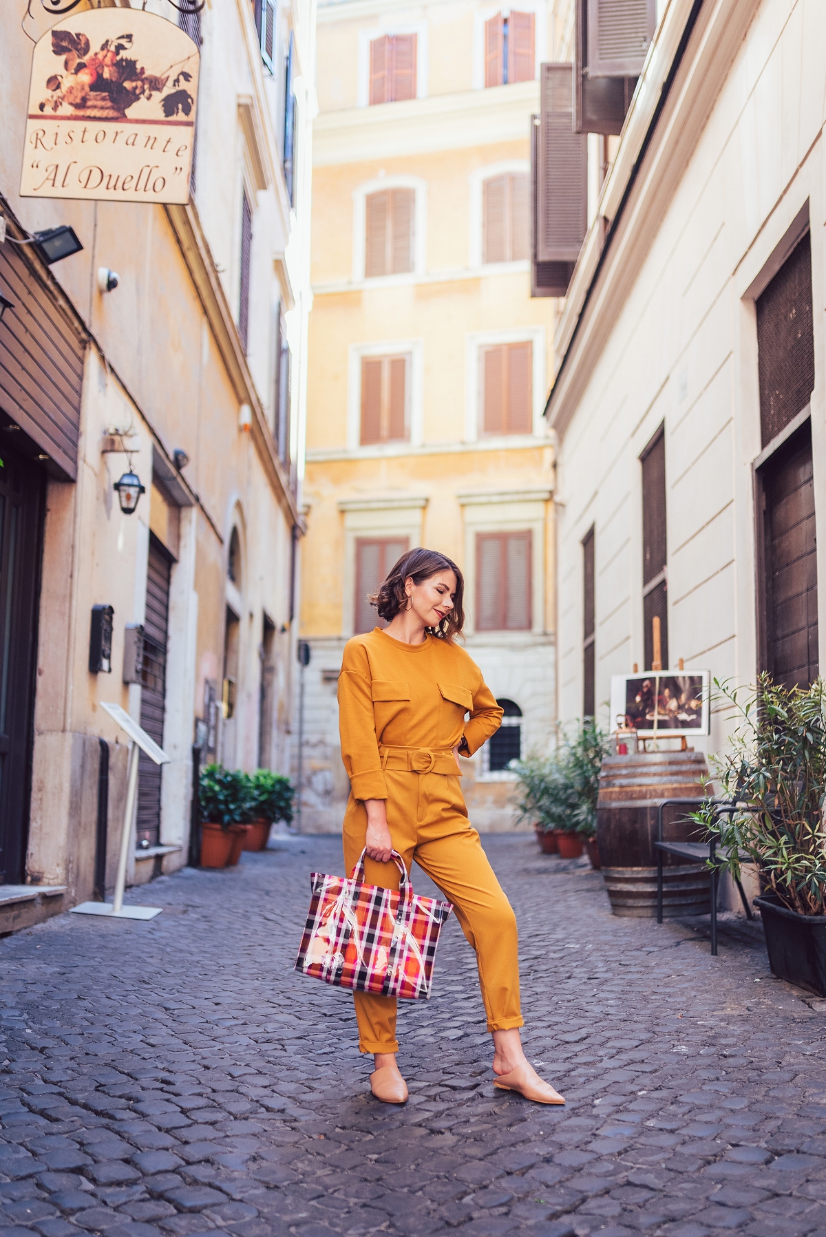 Miodowy total look torebka w kratę