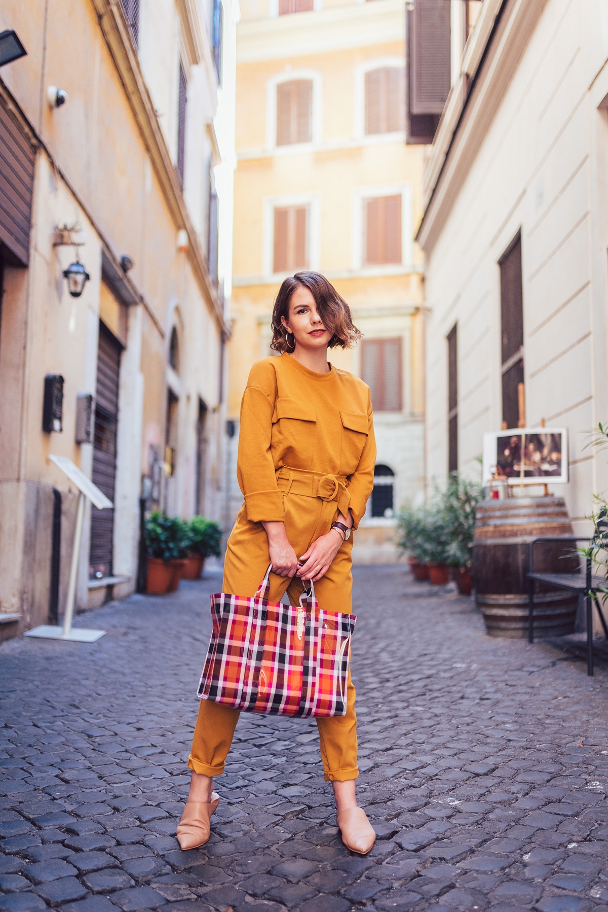 Miodowy total look torebka w kratę