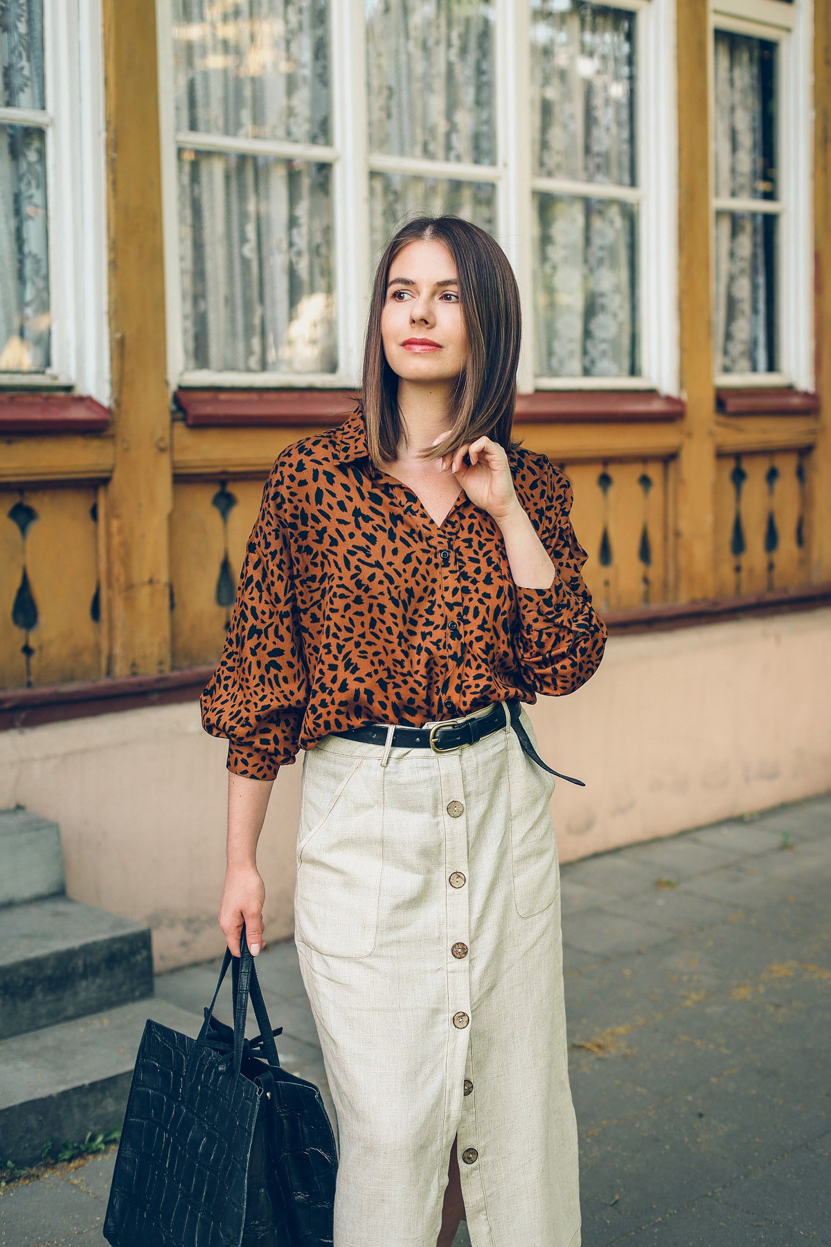 miejskie safari koszula w cetki lniana spodnica answear