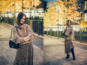 beżowy total look cętki trendy jesień
